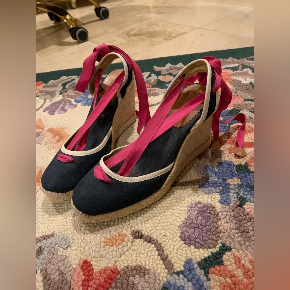 Cute Preppy J. Crew Navy and Pink Cloth Tie-Up Wedges, Sz 7